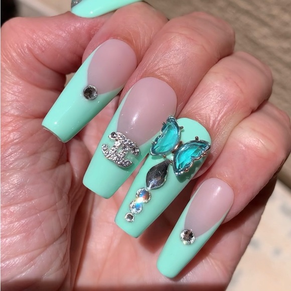 Minty Butterfly French Designer Press Ons - Picture 3 of 5